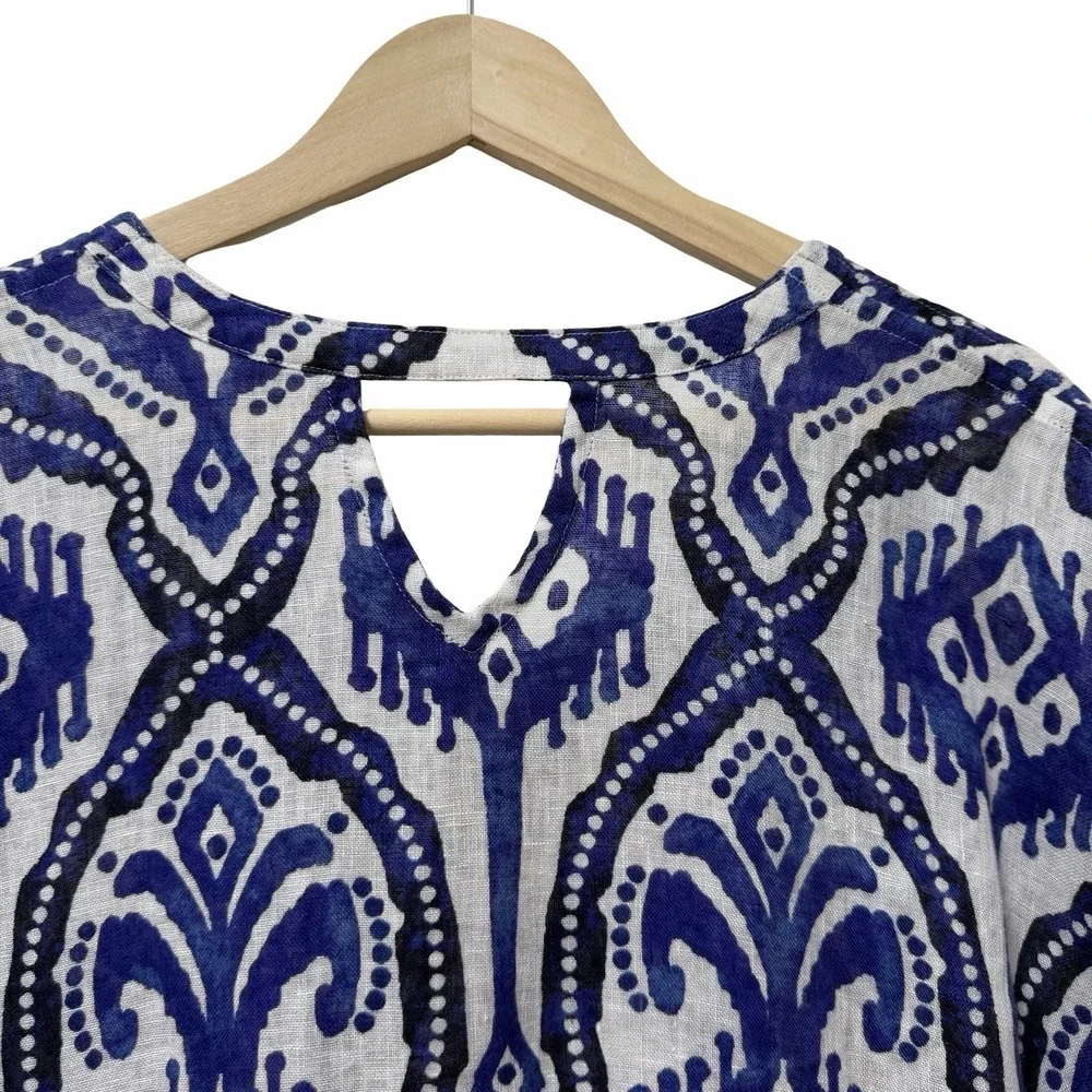 Chicos Womens 100% Linen Ikat Poncho Size S/M Blue Beach Resort Swim Cover Up